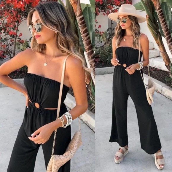 Vici Pants - VICI Dolled Up Wide Leg Open Back Cut Out Strapless Black Jumpsuit Size L